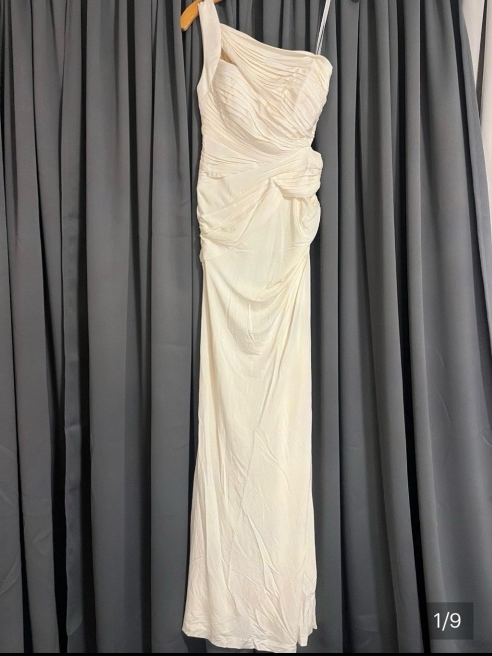 bebe One-Shoulder Cream Draped Evening Gown